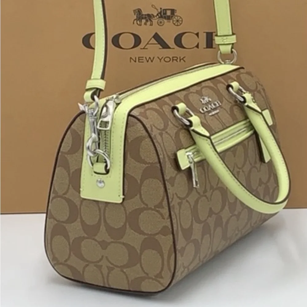 COACH  (83607) Rowan Khaki/Pale Lime Signature Medium Satchel Crossbody Handbag - Picture 5 of 16